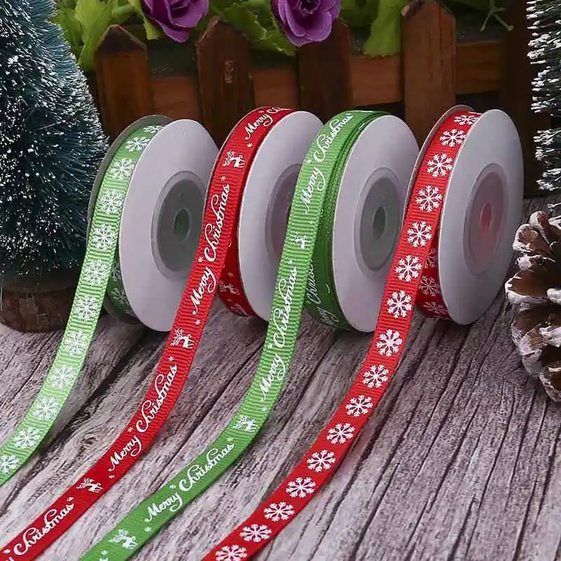10 ярдов (10 мм) зеленый красный принт Снежинка атласная лента Гро-Гро лента Рождественский декоративный подарок упаковка свадебные ремесла л...