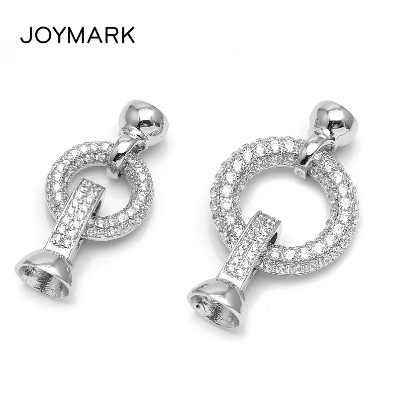 Round Pave Zircon 925 Sterling Silver Jewelry Findings End Caps Connector Clasps For Diy Pearl