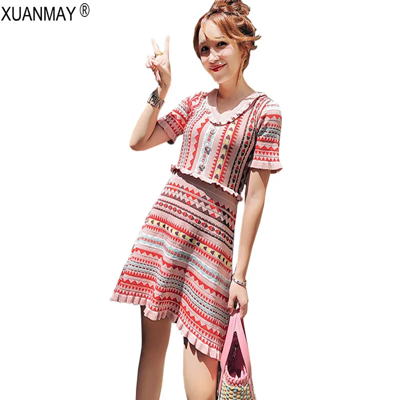 

2018 Summer Women's Bohemia Sweater Dress Streetwear Pink Short Sleeve Knit Dress Summer Slim jacquard pattern Sweater Dress