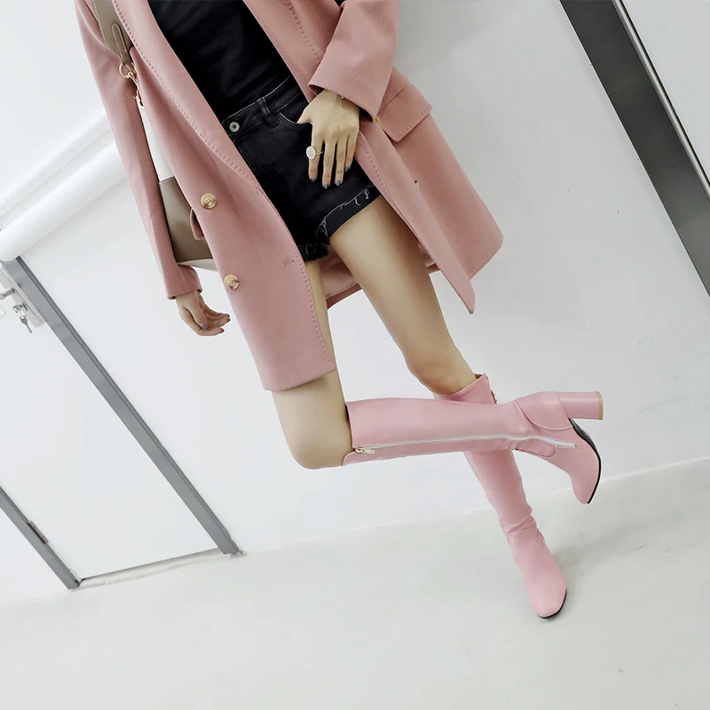S.romance/женские Сапоги выше колена; большие размеры 34-43; женские туфли-лодочки на высоком квадратном каблуке; модная Офисная Женская обувь; цвет черный, розовый; SB140