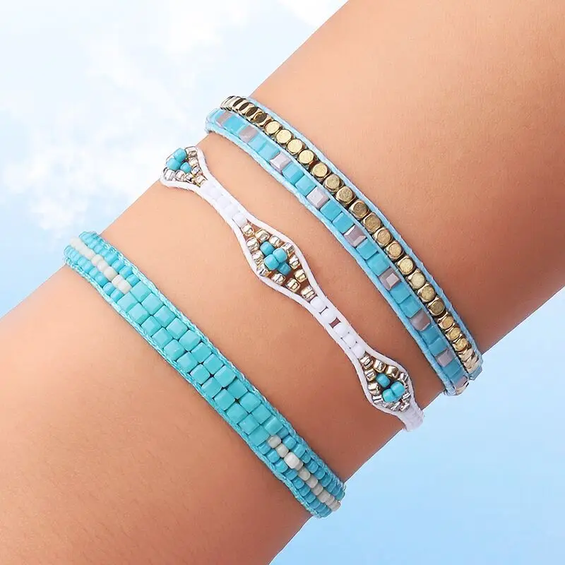 

BYSPT 3pcs/set Bohemian Seed bead Woven Suit handchain Chain Weave Statement Bracelet Sets Summer Girls Cord String Bracelet