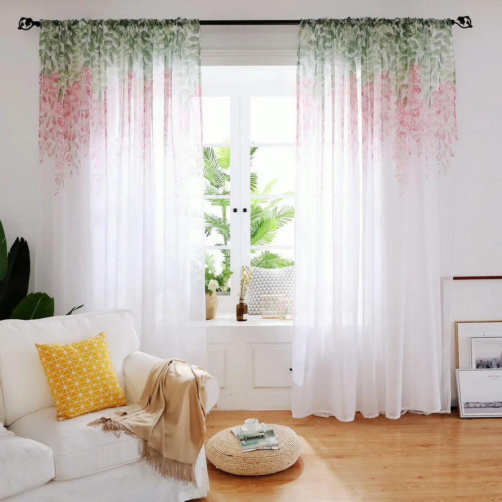 

Urijk Wisteria Flower Printed Sheer Chiffon Tulle Curtains Ins Nordic Style Curtains For Living Room Bedroom Kids Window Balcony