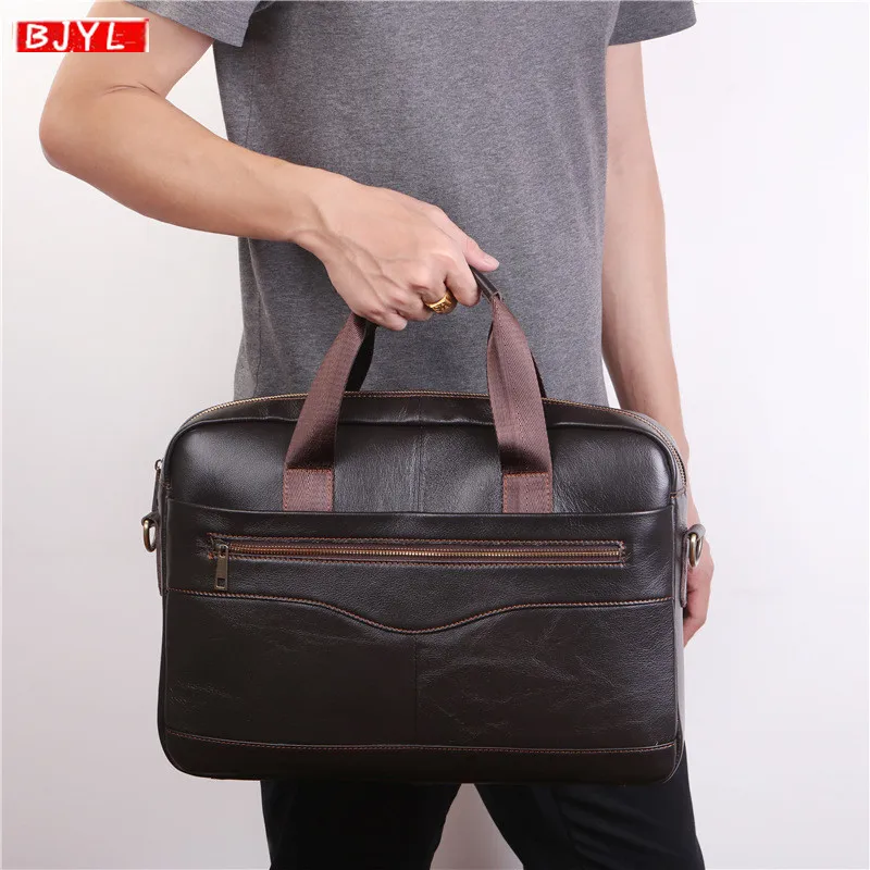 

BJYL cowhide leather Men's briefcase laptop handbag Brown Genuine Leather men shoulder bag business travel crossbody briefcases