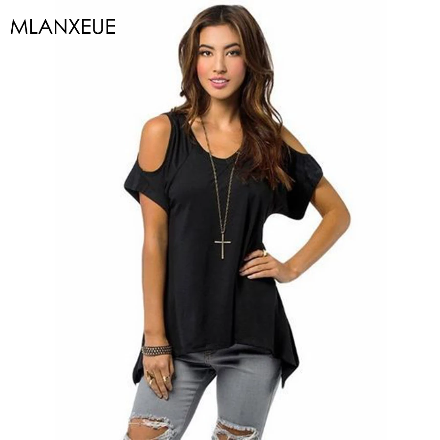

Solid Off Shoulder Tops Women Fashion O-Neck Plus Size Summer Tee Top Casual Loose Hem Irregular Wild Ladies Vogue T-Shirts New