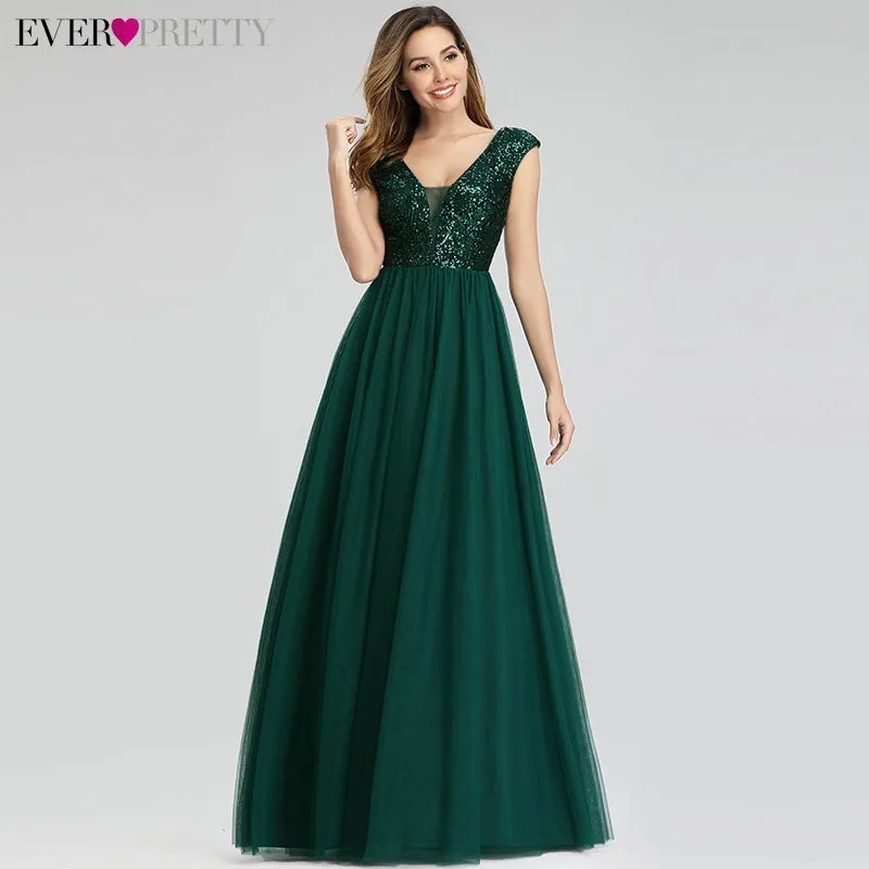 Вечернее платье с v-образным вырезом и блестками Ever Pretty EP00983, ТРАПЕЦИЕВИДНОЕ длинное зеленое вечернее платье, элегантное платье для выпускного вечера - Цвет: Dark green