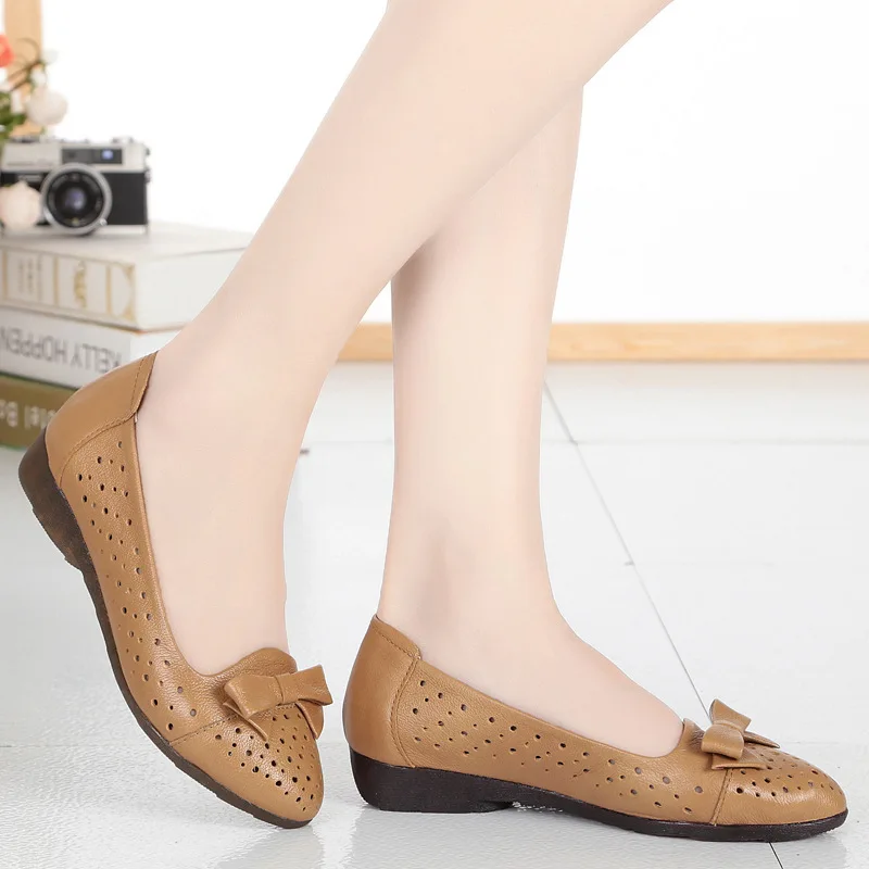 Confortable Véritable Respirant Appartements Printemps Cuir 2018 Nouveau En Doux Creux Rétro Beige Plates Femmes Brown Arc Mode noir light Chaussures IzISxwqC