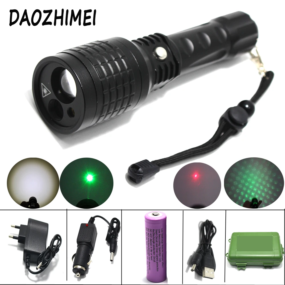 

2019 new1000 lumens IR laser flashlight XM-L T6 focusing zoom white light Red /Green Laser Light Flash Light Tactical Flashlight