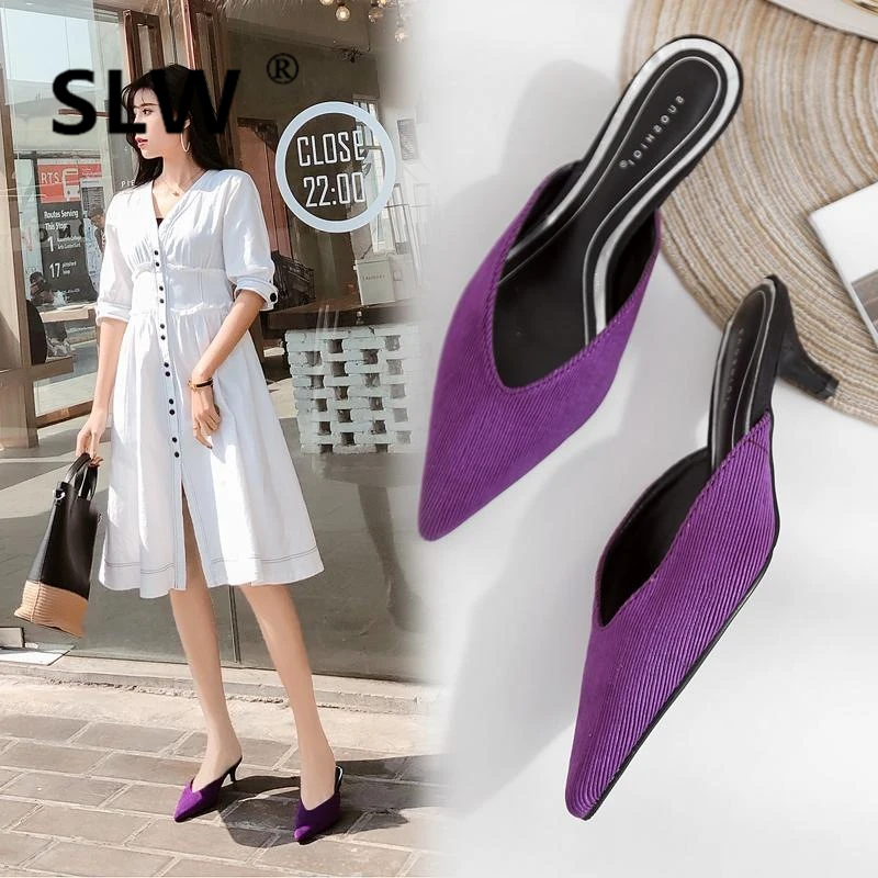 

Pointed Toe mules Thin Heels Retro loafer Med Flock closed toe women summer allmatch Shallow spring woman mules Med Pointed Toe