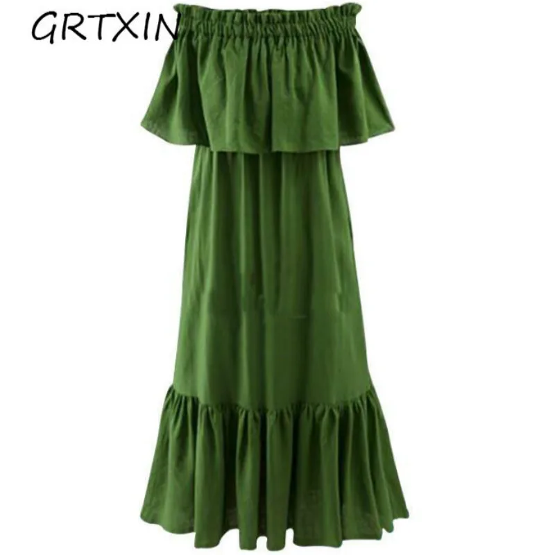 Sexy Summer Autumn Women Cotton The Word Shoulder Ruffles Casual Plus Size Slim Dress | Женская одежда