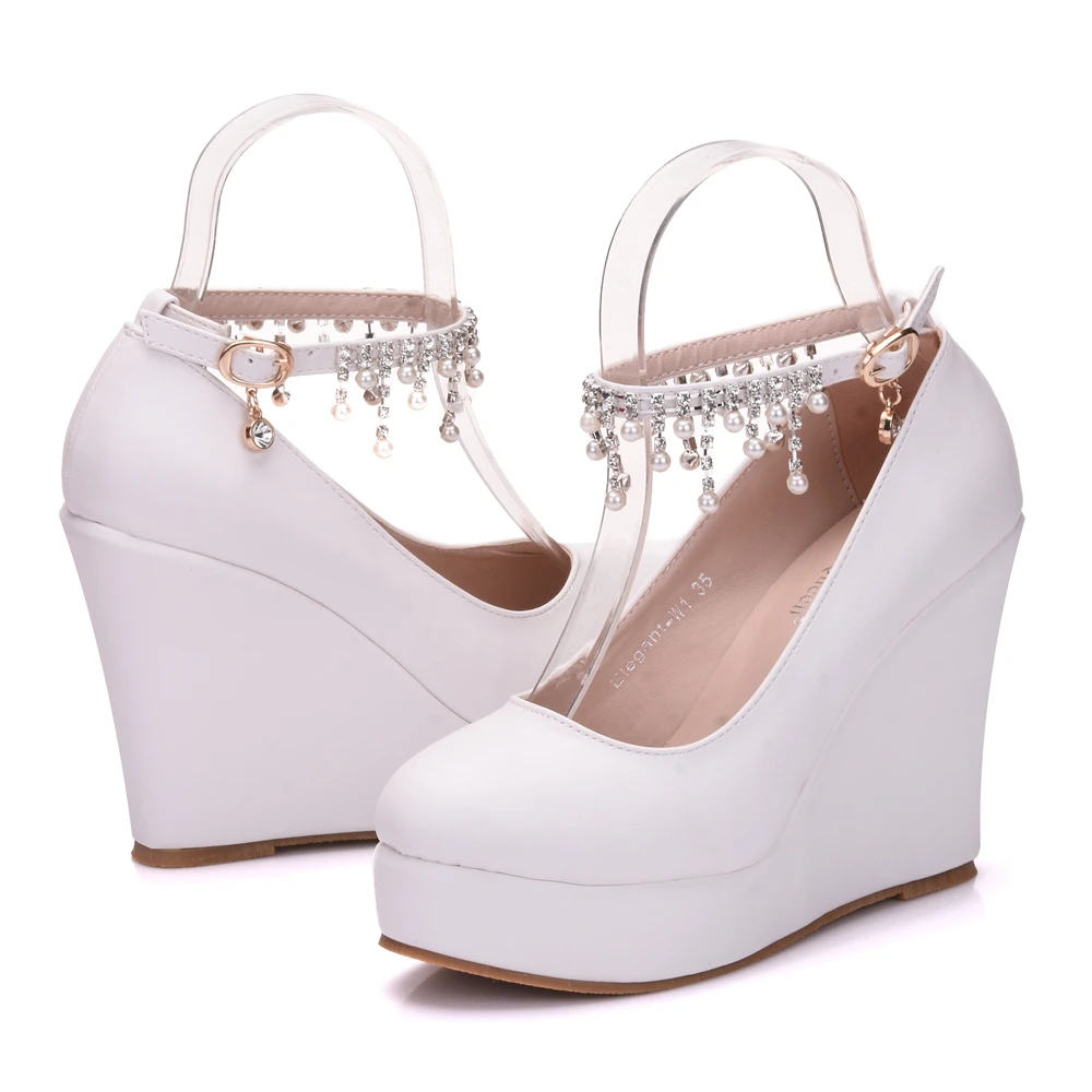 Туфли-танкетки на высоком каблуке с ремешком на щиколотке, украшенные кристаллами; женские туфли-лодочки на высокой танкетке; sapato feminino; модельные туфли