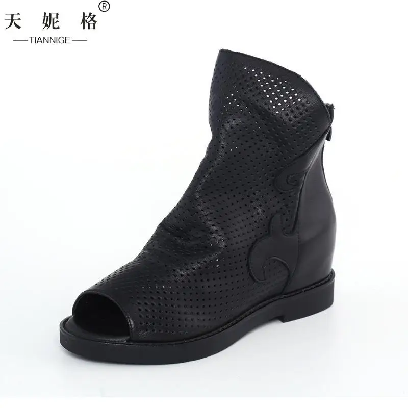 

2017 Spring Womens Boots Designer Summer Flat Sandals Fish Mouth Toe Rome Style Genuine Leather Ankle Boots Hollow Out Style