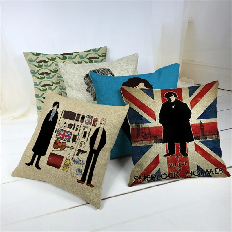 

18" Square Detective Sherlock Cotton Linen Cushion Cover Sofa Decorative Throw Pillow Car Chair Home Decor Watson Pillow Case