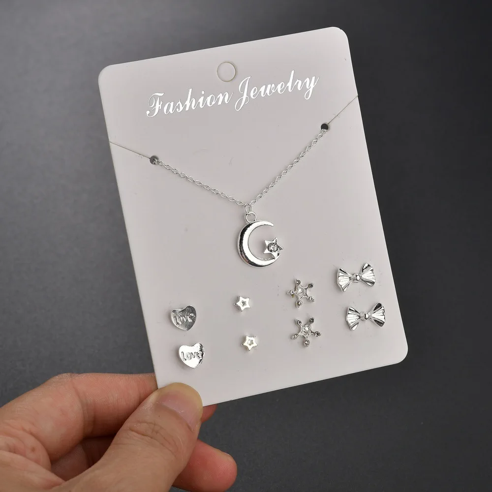 

Korean Style Wedding Jewelry Sets for Women Heart Moon Geometric Pearl Silver Necklace Earrings Lot Ladies Gift NE+EA