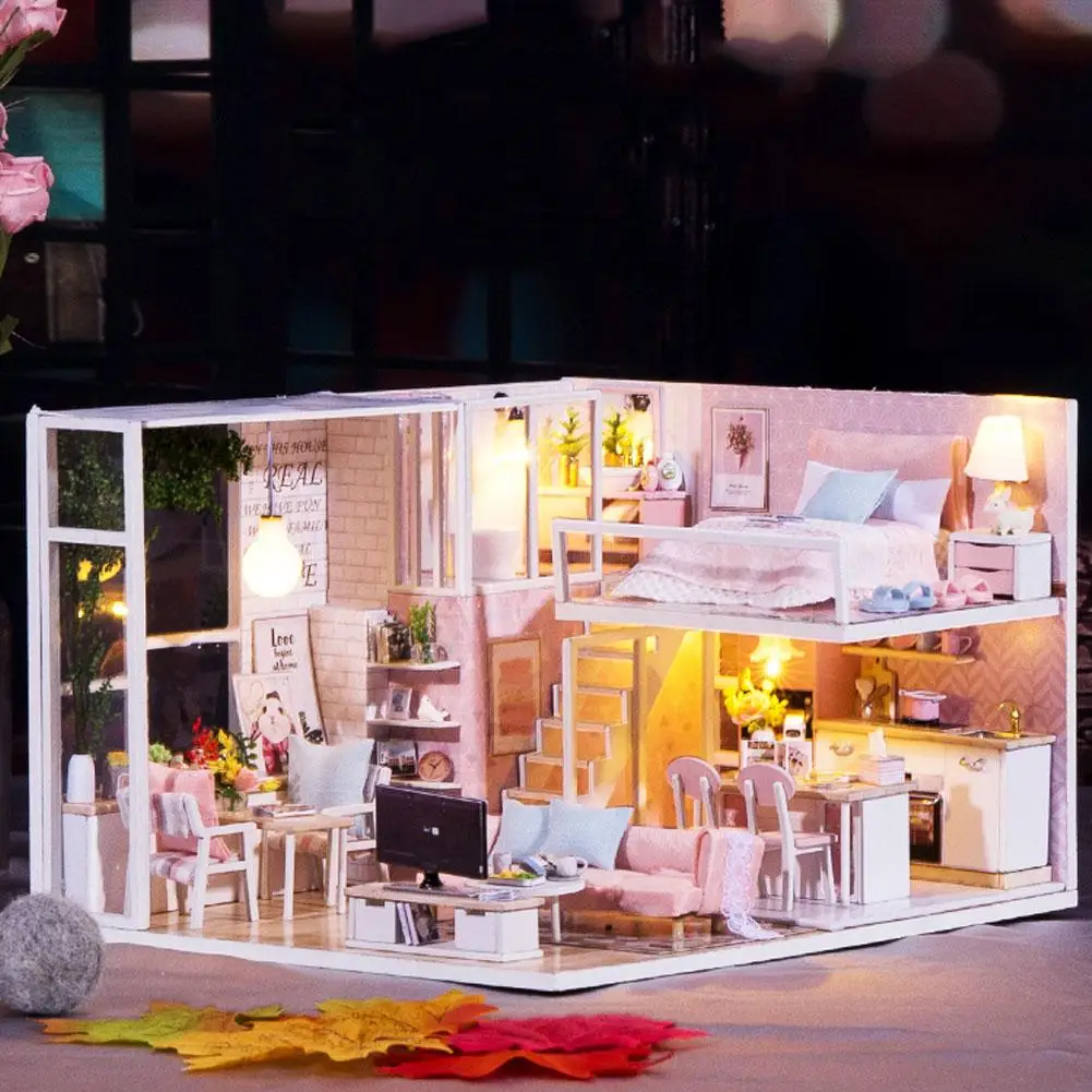 1:24 миниатюрный 3D лесистой кукольный домик светодиодный свет кукольный дом мебель комплект DIY взрослых детей Подарки ручной работы 3D миниатюрные домики