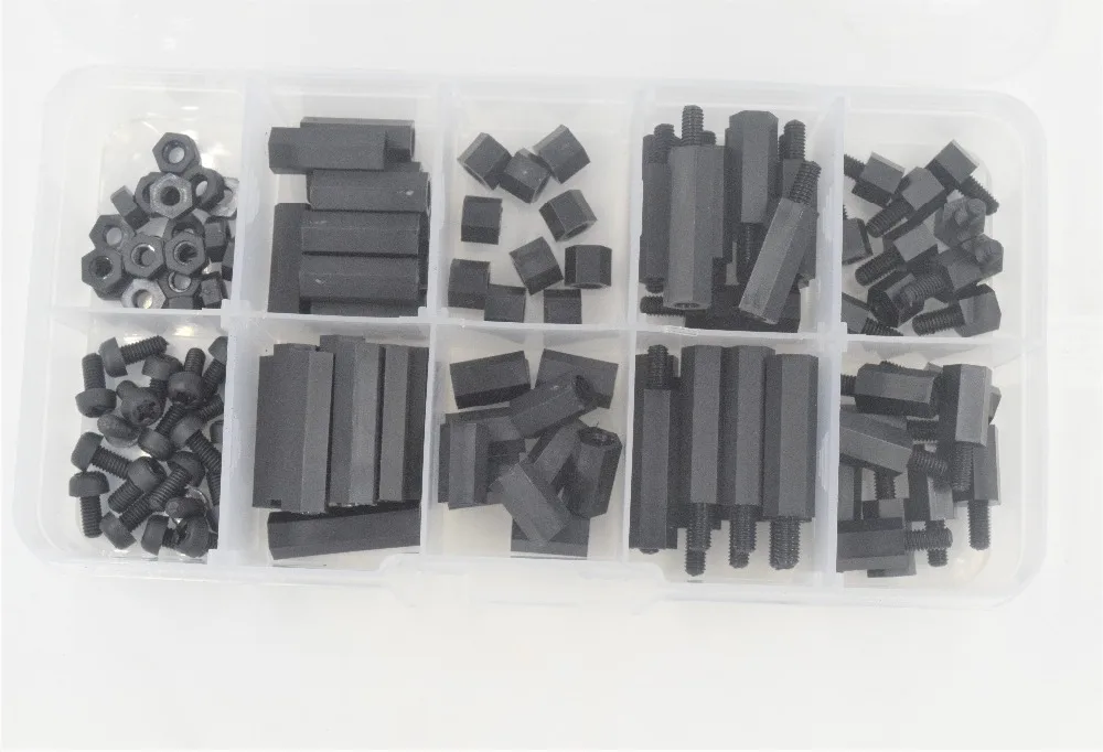 

88pcs / set M3 Hexagon Nylon Bread Head Screw Nuts Spacers Spacers Assortment Kit Black Bra Equipment with Box
