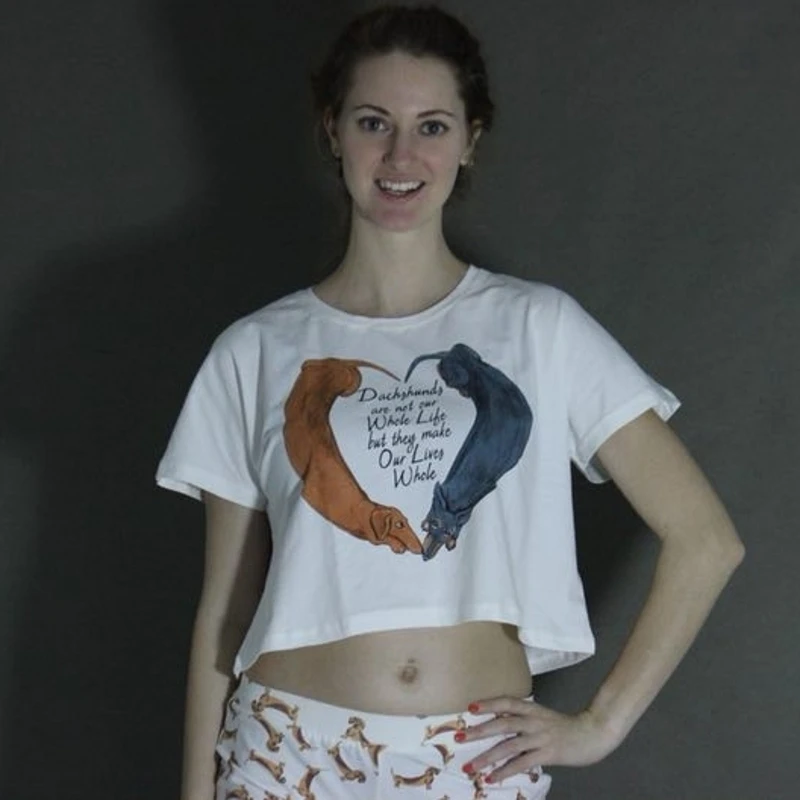New Sleep Top Women White T shirt Crop Top Cute Loving Heart Dachshund