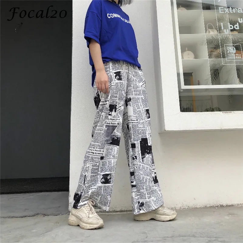 Focal20 Streetwear Newspaper Print Women Pants Elastic Waist Full
