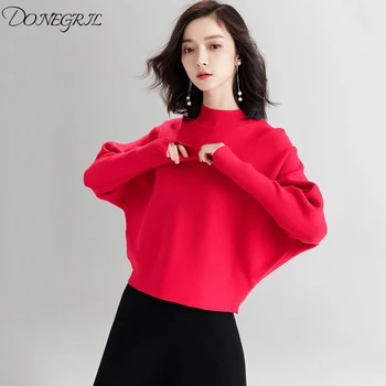 

2019 winter sleeves half-high collar short knit pullover women's autumn and winter Korean loose sweater sweater bottoming shirt