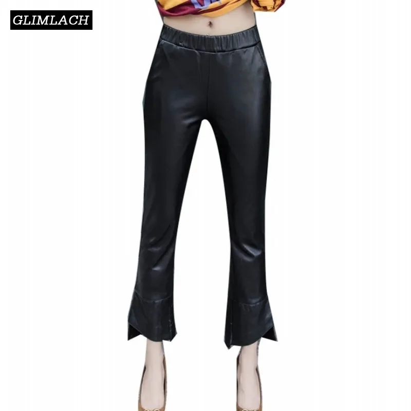 

Women Genuine Leather Flare Pants Luxury Natural Sheepskin Real Leather Trousers Lady Elastic Waist Slim Harajuku Streetwear New