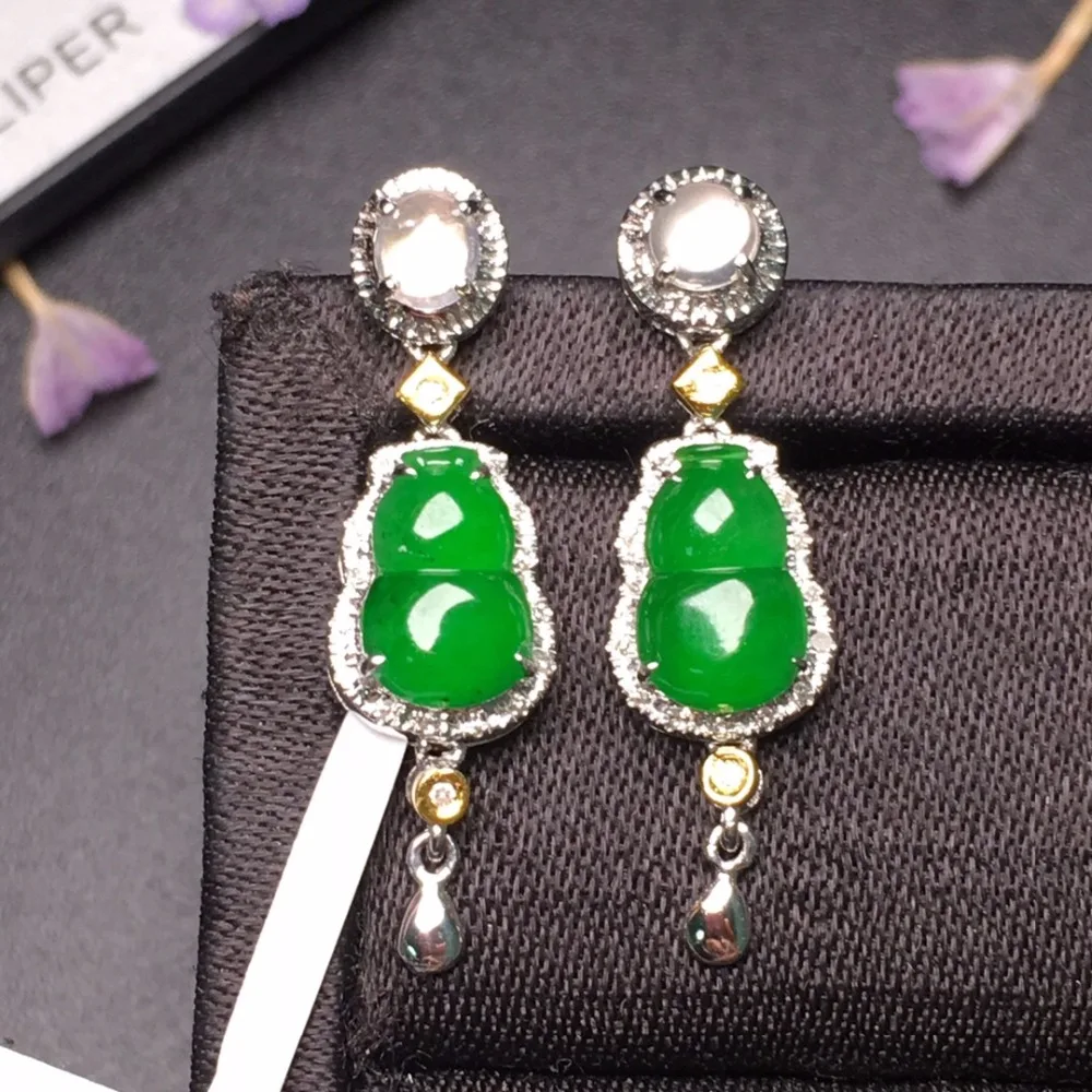 

507 Fine Jewelry Real Pure 18 K White Gold AU750 100% Natural Myanmer Jade Gemstones Emeralds Female Drop Earrings for Women