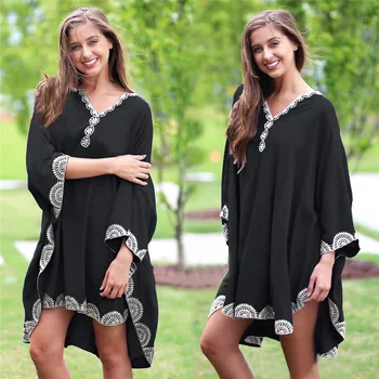 

Pareo Beach Female Swimsuit 2019 Suits Bikinis Dresses New Cotton Embroidered Lace Loose Large Bat Long Sleeve Skirt Acetate