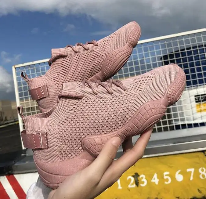 

New Luxury Women's Shoes Casual Fashion Sneaker Flat Platform Flyknit Stretch Fabric Ladies Shoes Mesh Lace-up High Quality