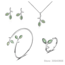 925 пробы серебряные Ювелирные наборы Опаловый лист серьги в виде распускающихся почек+ кольцо+ ожерелье+ браслет для женщин летние ювелирные изделия