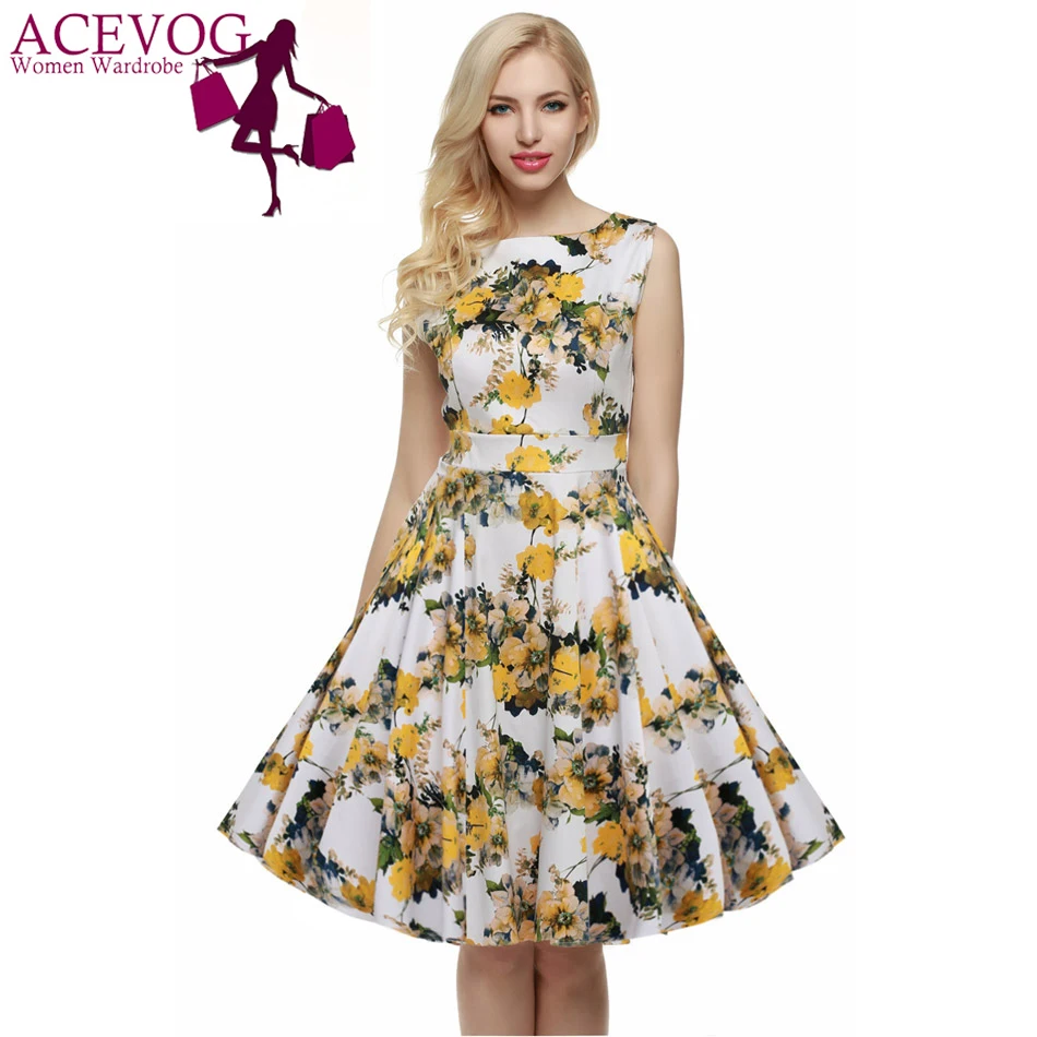 

ACEVOG Women Casual Elegant Dress Sleeveless Floral Retro Vintage 1950s 60s Swing Summer Dresses Elegant Tunic Vestidos S - 3XL