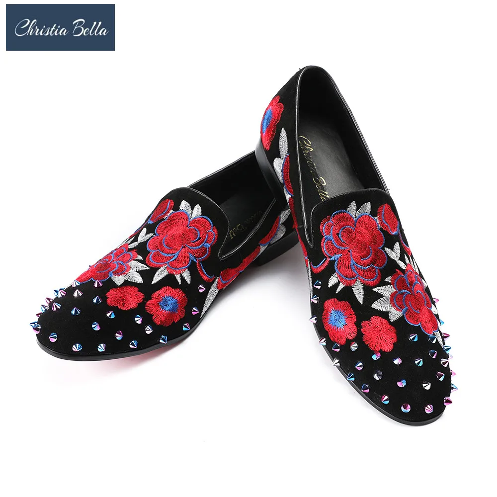 

Christia Bella Rivet Velvet Slippers Men Loafers Embroidery Floral Moccasins Gentlemen Slip On Flats Men's Dress Formal Shoes