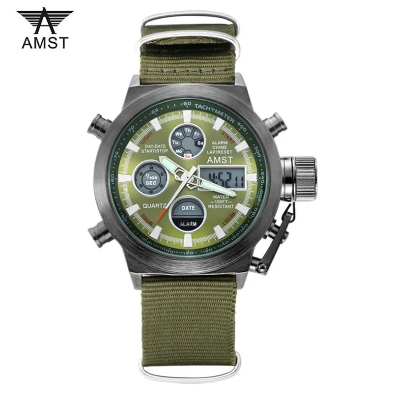 AMST Brand Men Nylon Strap Sport Quartz Watch Led Digital Dual Time ...