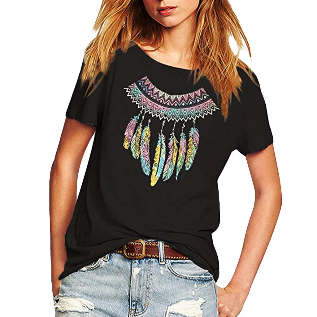 

Women 's Blouse With Short Sleeves 2019 Summer Fashion Feather Printing O-Neck Tunic Shirt Tops Comfortable Blouse#32