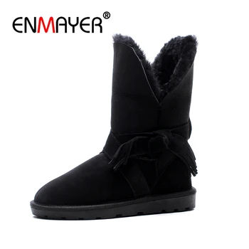 

ENMAYER Woman Ankle boots Round Toe Fashion Boots for Women Winter Warm Snow boots Low heels Bowtie Cow Suede Causal shoes CR663