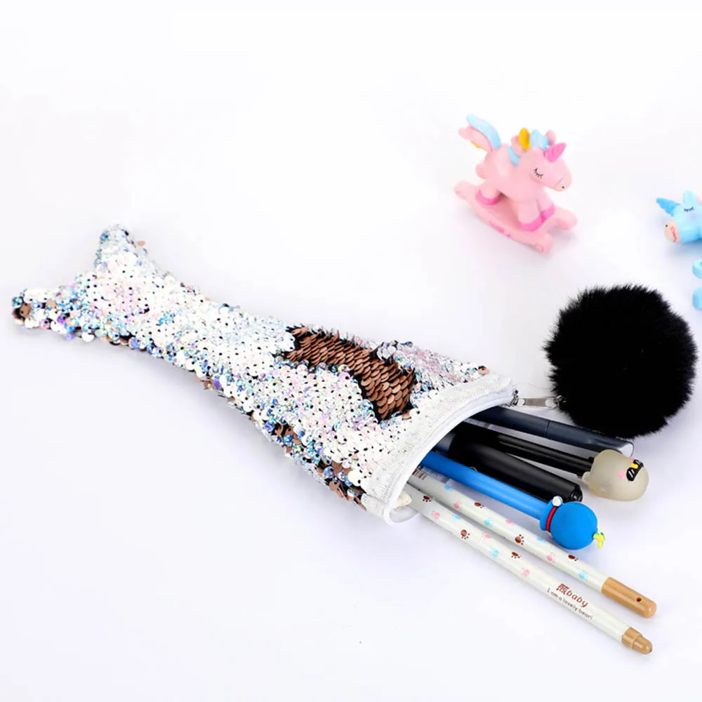 

Cute Mermaid Sequin Pencil Case Plush Ball Flash Sequin Pen Bag School Supplies Girl Handbags Sundries Cosmetic Bag