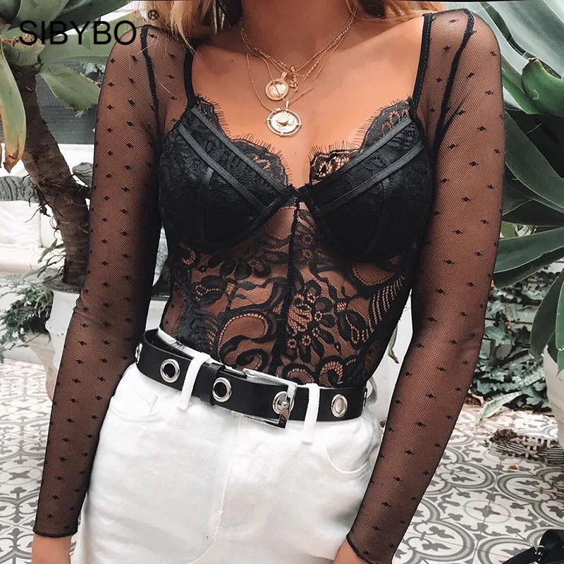 Sibybo Perspective Mesh Crochet Sexy Lace Bodysuit Women Long Sleeve V-Neck Skinny Romper Women Party Playsuits and Jumpsuits Sibybo Perspective Mesh Crochet Sexy Lace Bodysuit Women Long Sleeve V-Neck Skinny Romper Women Party Playsuits and Jumpsuits