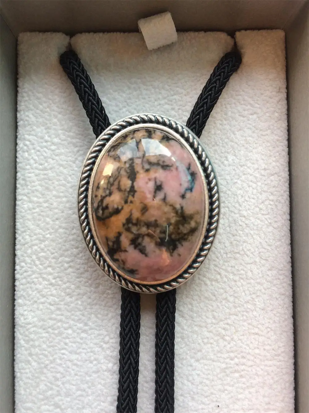Винтажный посеребренный ручной работы уникальный натуральный с камнем Родонит Свадебный Овальный галстук - Цвет: Stone 9