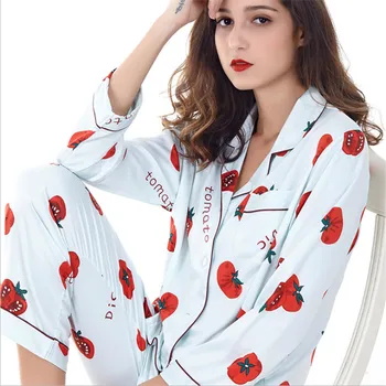 

Women's pajama sets silk with cute tomatoes printed turn down collar spring summer high quality sweet pyjamas for ladies