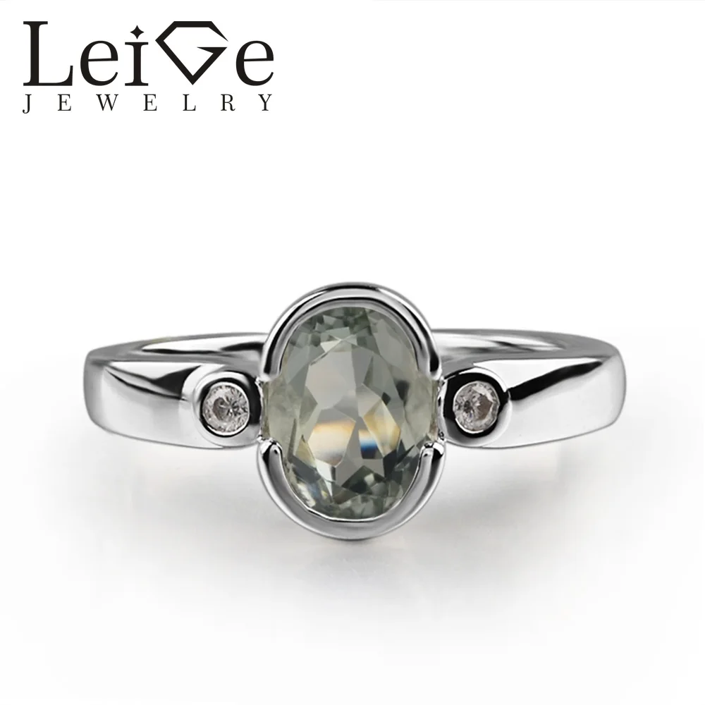 925 Silver Green Amethyst Ring Oval Cut Green Gemstone Bezel Setting Promise Rings for Women