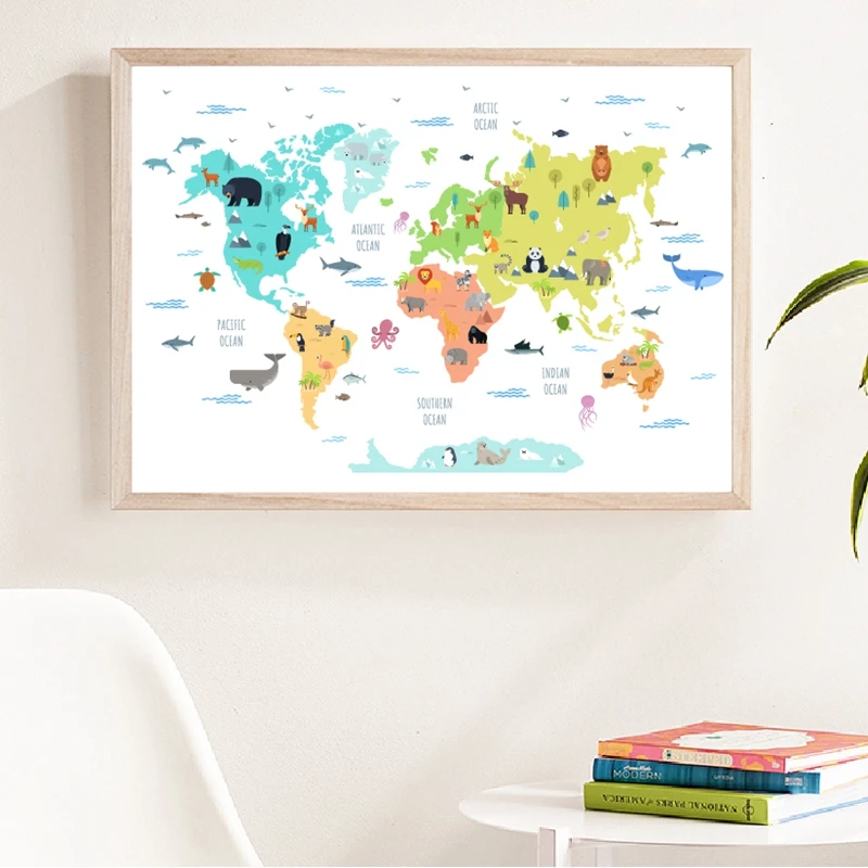 Карта мира с дикими животными печатает учебный плакат милый мультфильм млекопитающие холст картина Детская комната Декор стен