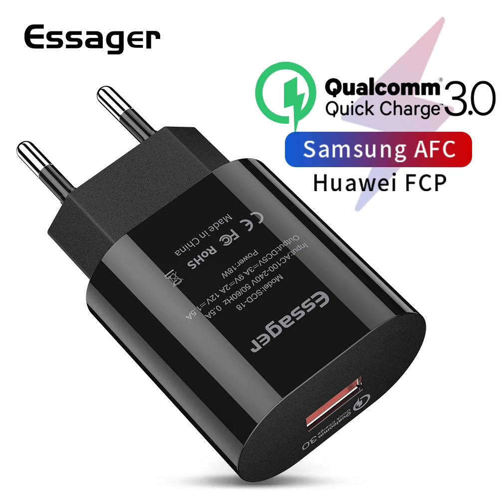 

Essager Quick Charge 3.0 USB Charger QC3.0 QC Turbo Fast Charging EU Travel Wall Charger For Huawei P30 Xiaomi mi 9 Mobile Phone