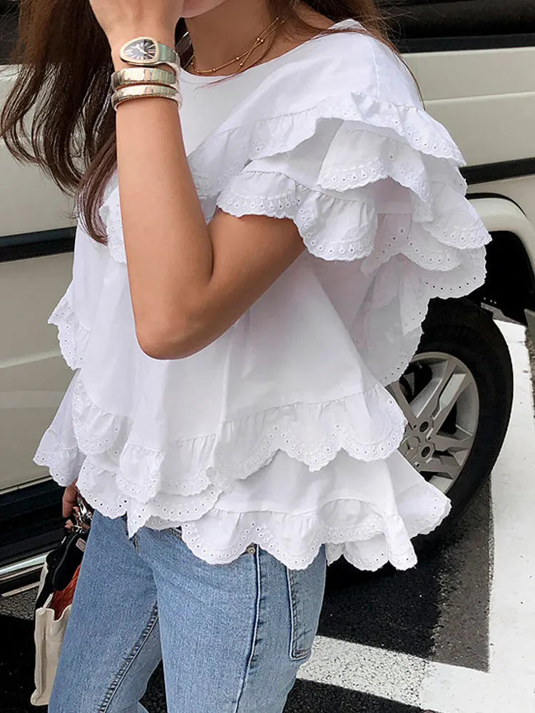 Spring and Summer Elegant Women Shirts Irregular Layers of Wooden Ear Doll Shirts Hollow Lace Stitching Flounce Shirts