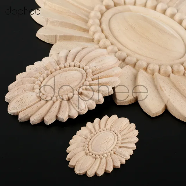 Cheap dophee 1pcs 7*5/10*7cm European Style Wooden Applique Wood Carved Decal Oval Solar Gate Flower Craft Wedding Home Decoration