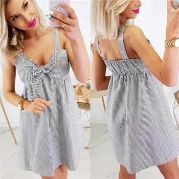 

New Women Boho Stripe Mini Dress Party Summer Beach Holiday Sundress Casual Spaghetti Strap Dress