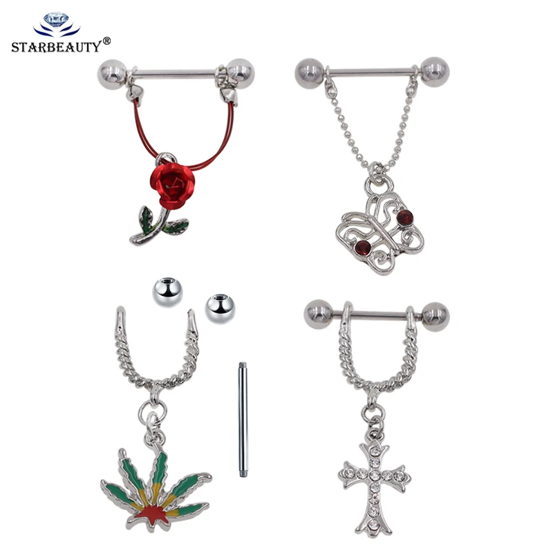 

Starbeauty Sold As 1 Pair 4Choice Sparkling Rose Flower Butterfly Pendant Stainless Steel Nipple Ring Barbell Sexy Body Jewelry