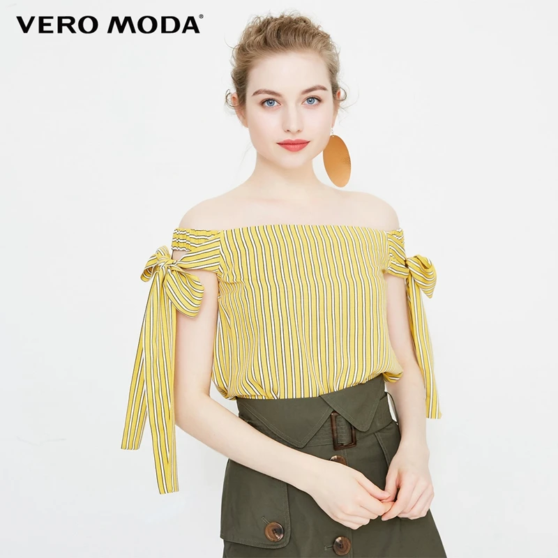 

Vero Moda 2019 New Boat Neck Lace-up Trims Striped Off-shoulder Short Tops|318241510