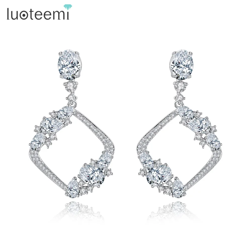 

LUOTEEMI Elegant Square Hollowed Drop Earrings for Women Wedding Party Paved AAA CZ Fashion Jewelry Aretes Christmas Gift