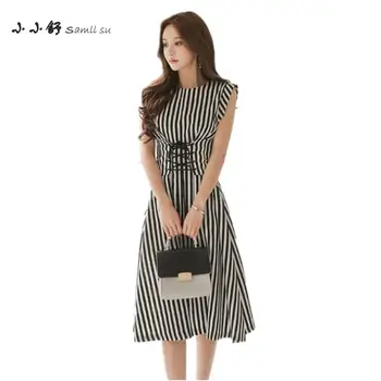 

Small Su Summer Black White Striped O-neck Sleeveless Sundress Vintage Sashes Mid-calf A-line Dresses Womens Vestidos De Festa