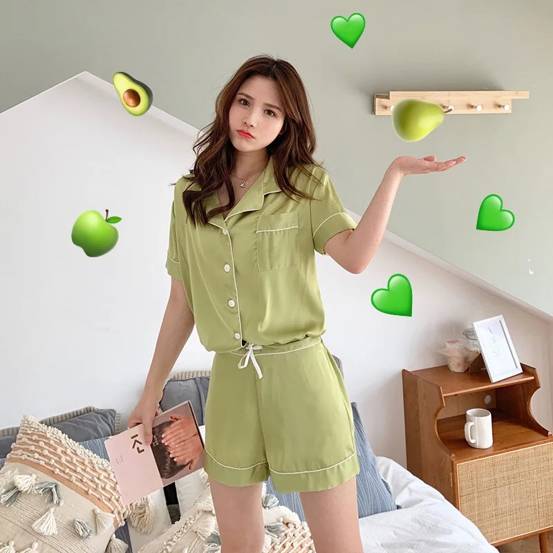 

Casual Satin Solid Pockets Female Pajamas Set Rayon Turn-down Collar 2PCS Shirt&Shorts Hand Button High Quality Home Wear S-L