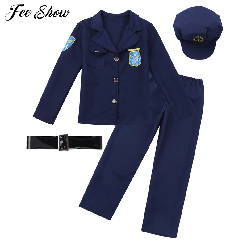 

Novelty Boys Police Costume Cosplay Career Halloween Party Dress Up Costume Jacket with Pants Hat Belt Set for Kids Costumes