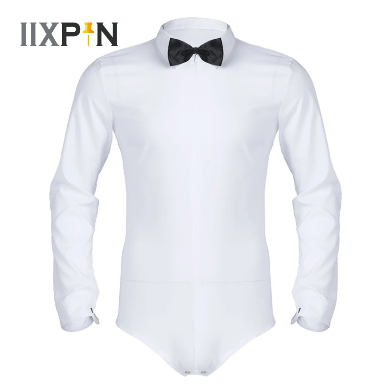 

IIXPIN Men Latin Modern Dance Shirt with Bowtie Romper Shirt Sexy Male Lyrical Dance Costumes Long Sleeve Zipper One-piece Shirt