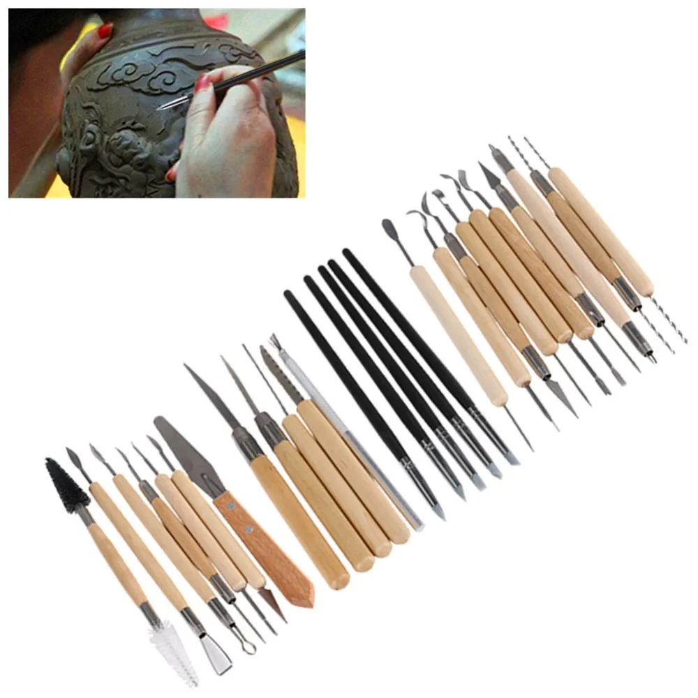Billig 27Pcs Kunst Handwerk Ton Sculpting Werkzeuge Set Fimo Modellierung Carving Tool kit Keramik   Keramik Holzgriff Modellierung Ton werkzeuge